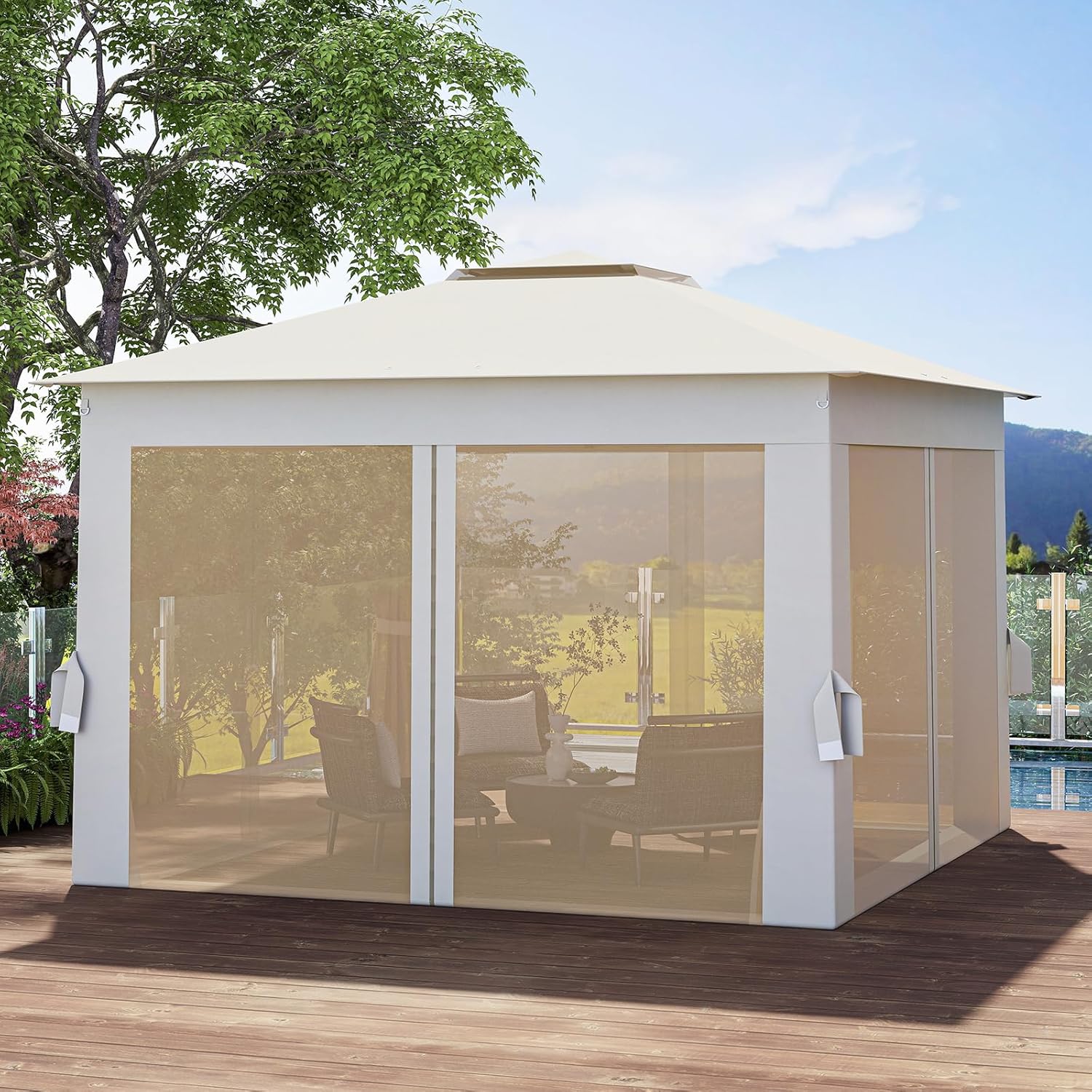 RELAX4LIFE Tonnelle Pliante 3x3 avec Moustiquaires, Tonnelle de Jardin Exterieur Facile à Monter, Toit Ventilé Argenté, Protection Solaire, Sac Inclus, Pavillon de Jardin pour Terrasse Patio, Beige