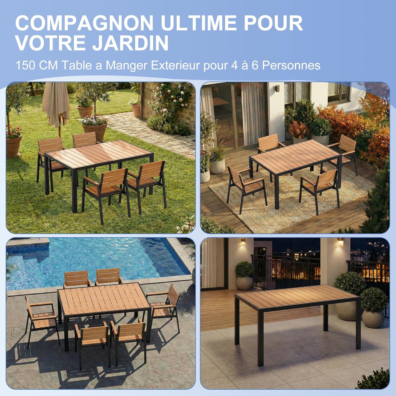 Devoko - HDPS - 150x80x72 cm - Table aluminium extérieur, bois, facile entretien