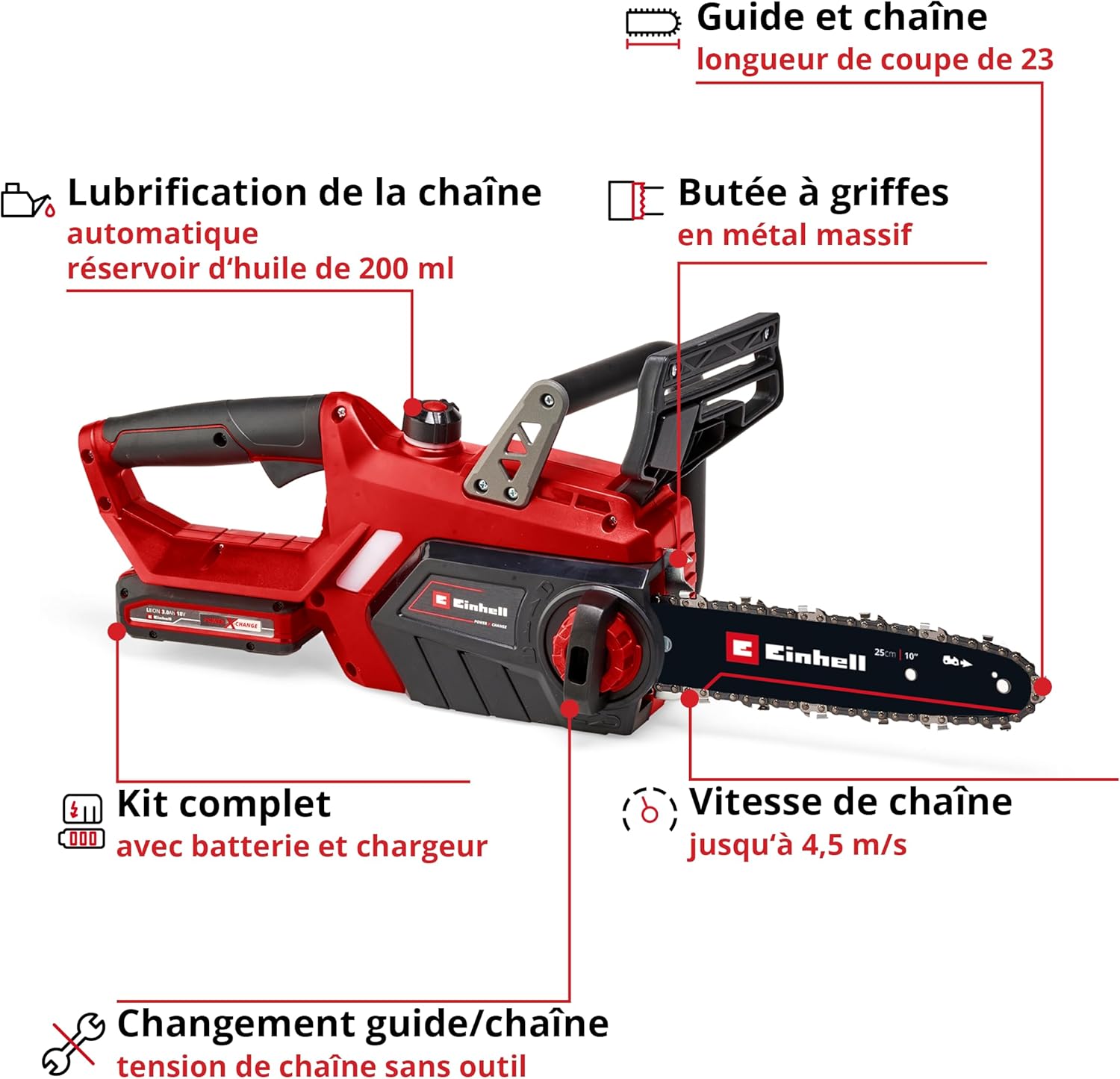 Einhell - GE-LC 18/25-1 Li - 23 cm - tronçonneuse sans fil, batterie incluse