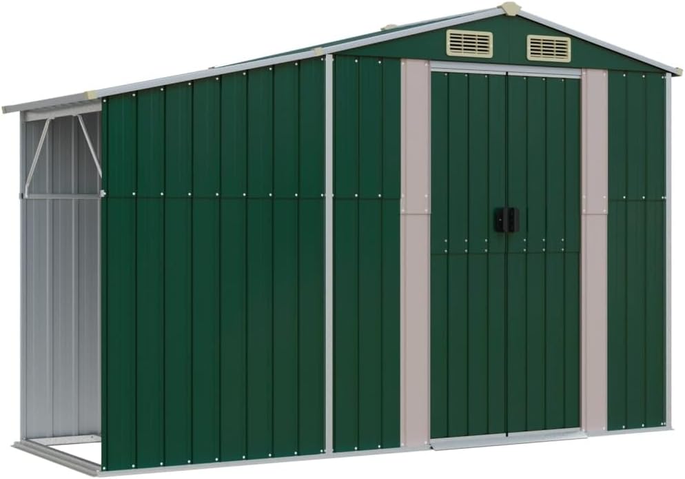 vidaXL Abri de Jardin, Cabane à Outils avec Poignées, Remise à Outils avec Toit Inclinable, Abri de Rangement Terrasse, Vert 277x93x179 cm Acier Galvanisé