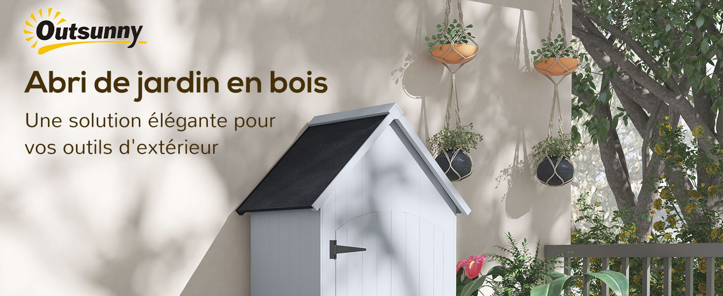 Abri de jardin en bois blanc avec toit en pente, porte d'entrée et plantes suspendues. Produit étiqueté « Abri de jardin en bois » par Outsunny.