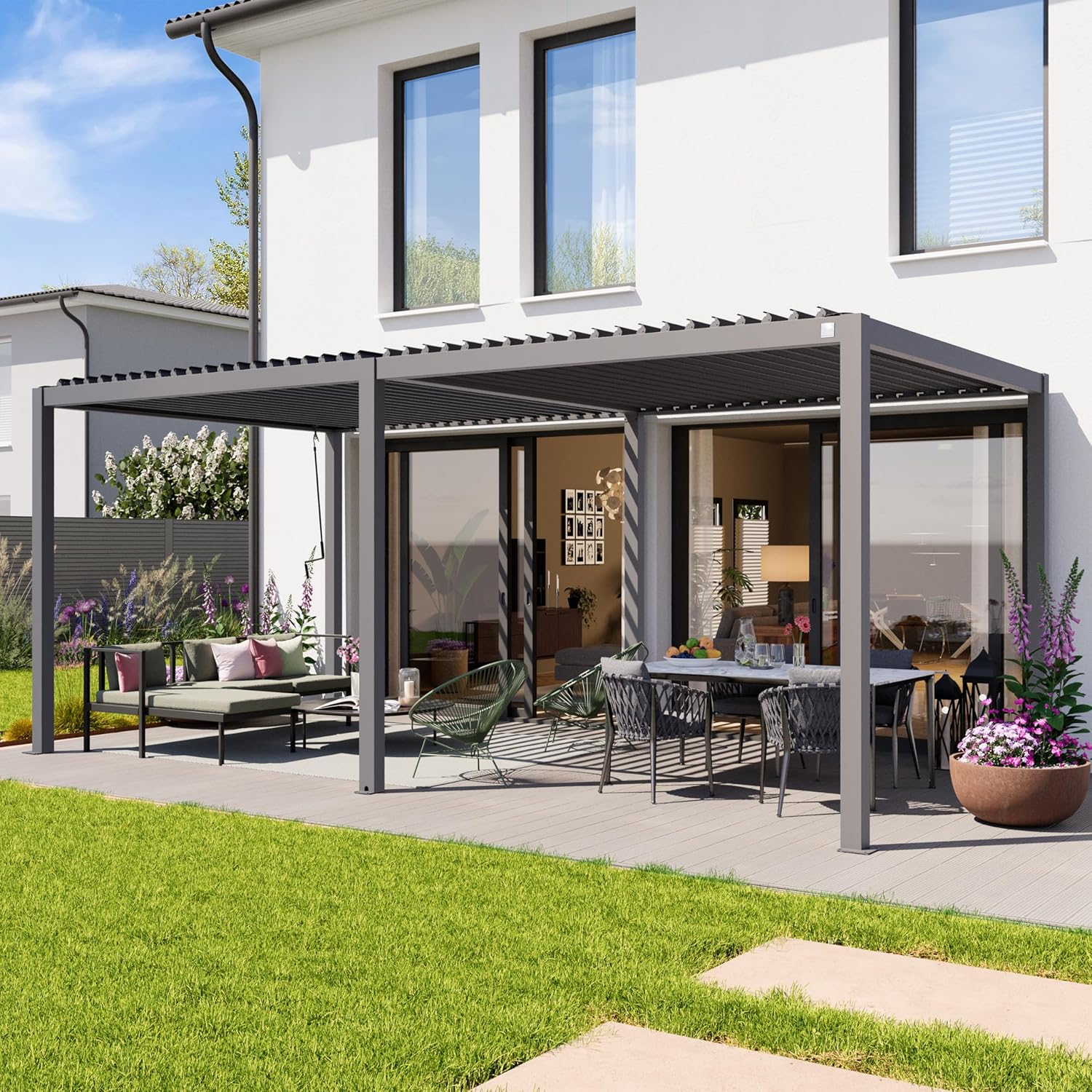 Primeyard - Pergola série Acier - 3x6 m - alu, lames orientables, gris
