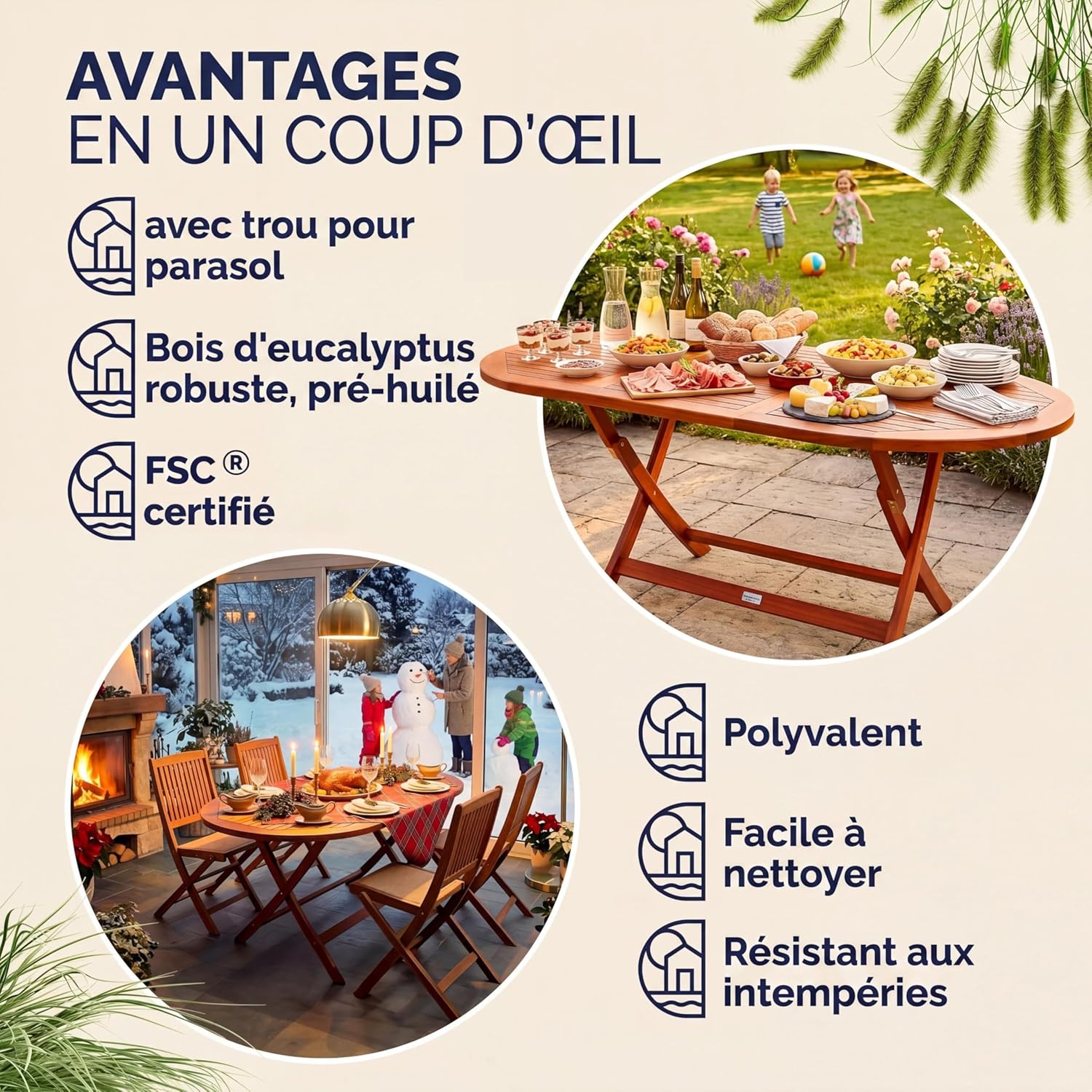 Casaria - Table D Extérieur Alabama - ovale 6 pers. - bois d'eucalyptus, pliante, trou pour parasol