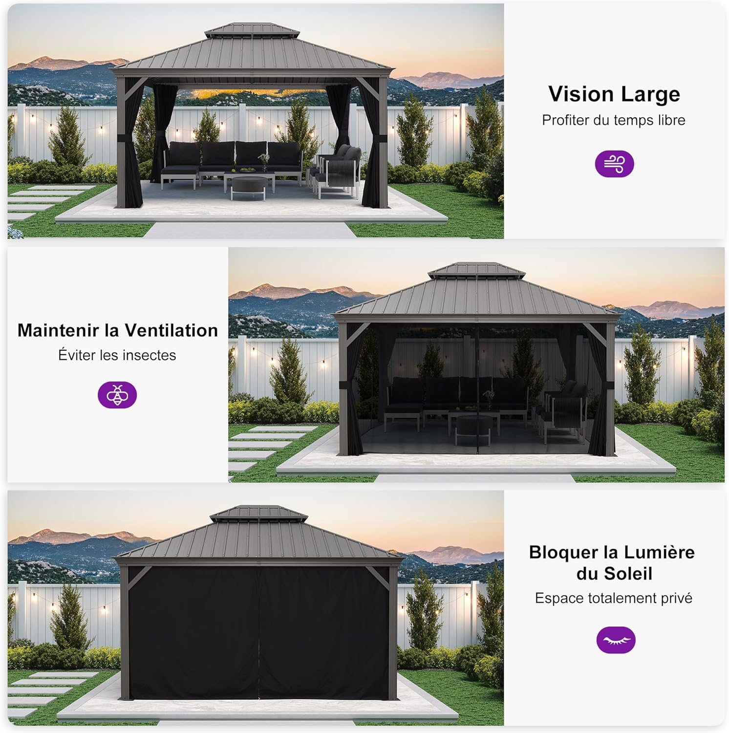 PURPLE LEAF - tonnelle jardin double toit - 3,65x4,25m - aluminium, moustiquaire, rideaux