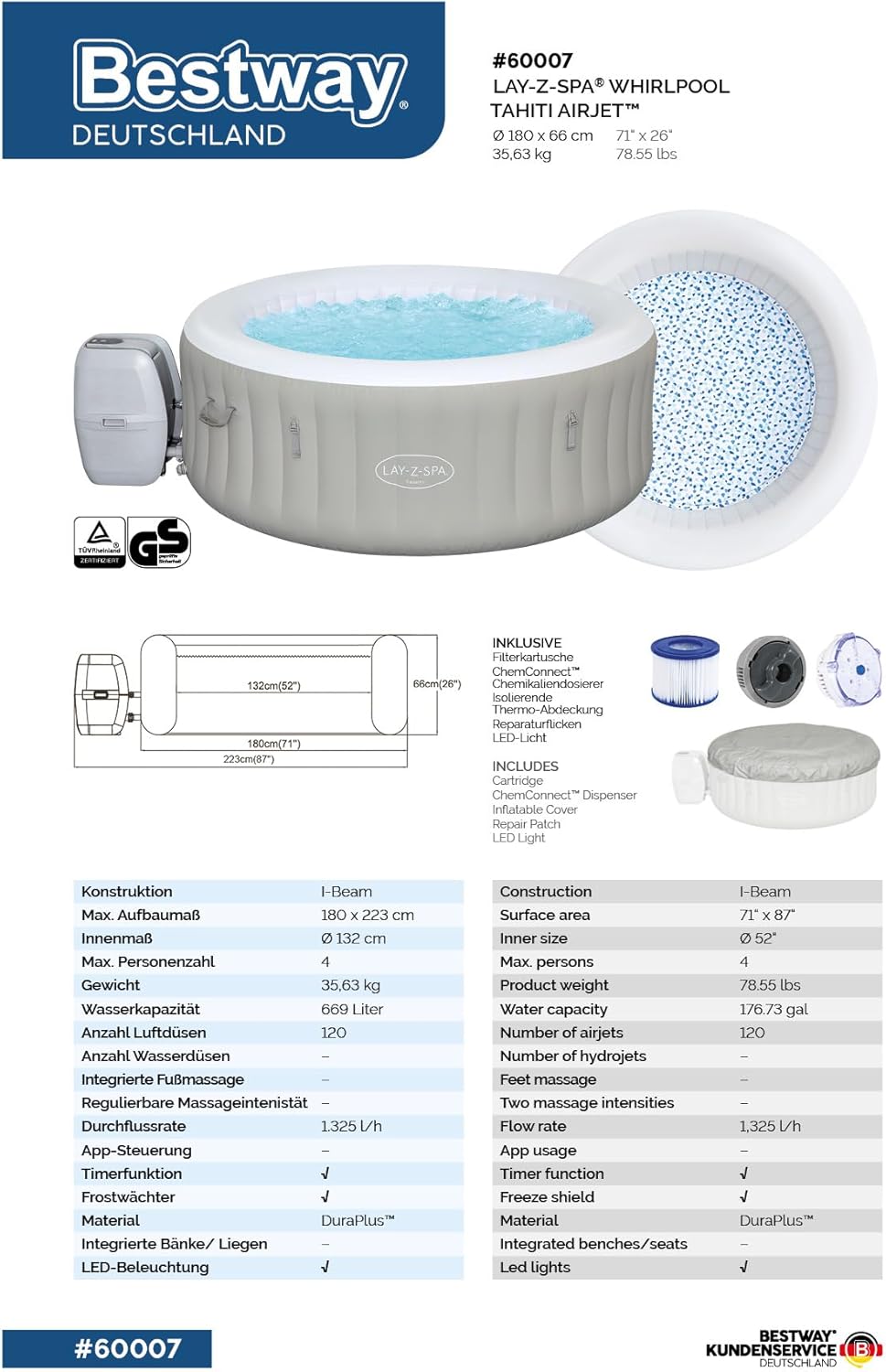 Bestway - LAY-Z-SPA Tahiti série Airjet - 180x66 cm - 2-4 personnes LAY-Z-SPA®
