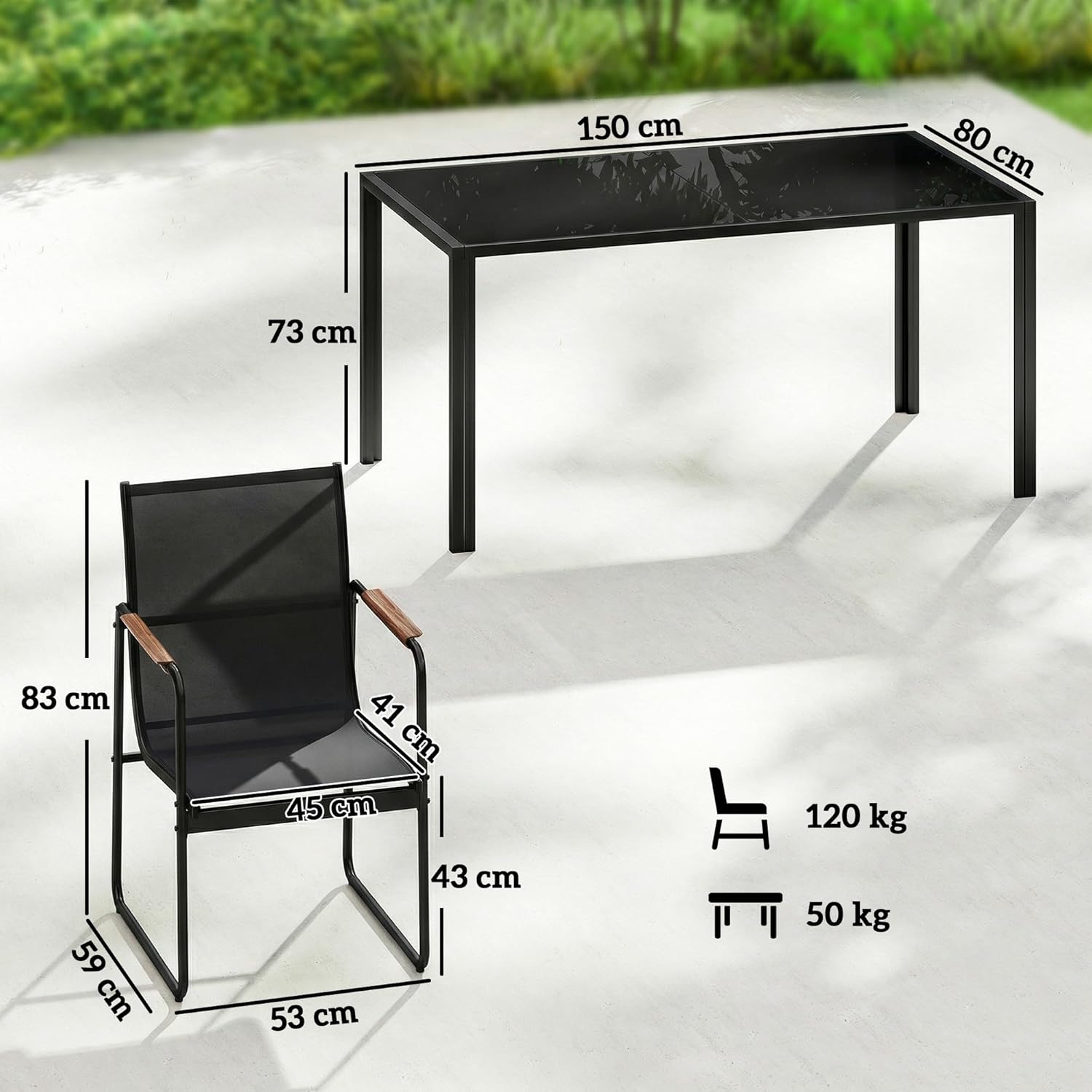 Outsunny - Ensemble salle à manger extérieur 7 pièces - table verre et chaises acier - pour 6 personnes - noir