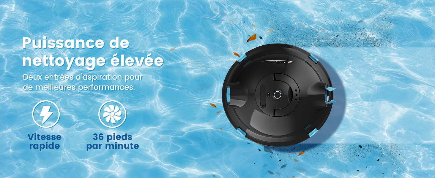 Le texte indique « Pulizone de nettoyage gantée » avec des icônes indiquant « Vibrant » et « 30 puissants ultrasons ». Dispositif de nettoyage circulaire noir affiché sur fond d'eau bleu, indiquant la fonctionnalité de nettoyage par ultrasons.
