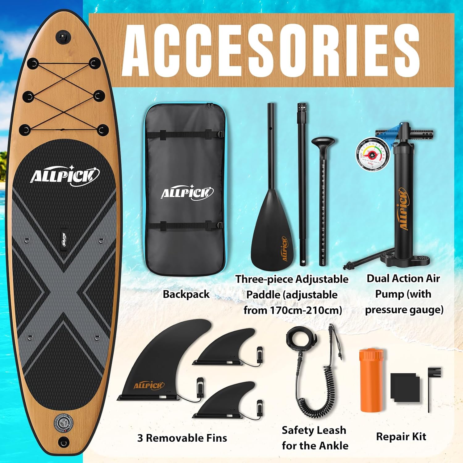 ALLPICK - Paddle gonflable 320 cm - kit complet, pagaie réglable, support caméra, 200 kg