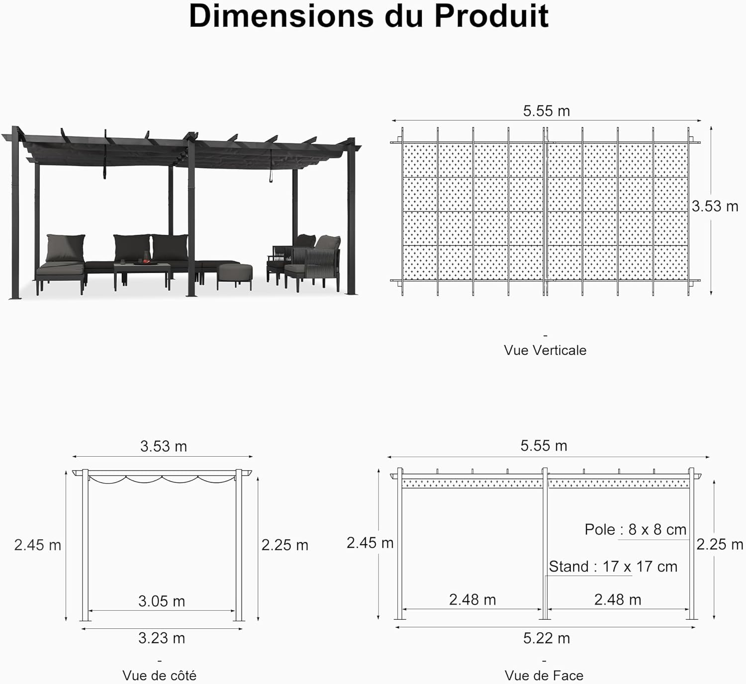 Purple Leaf - Pergola Aluminium 5.5 x 3.5 m - Éclairage LED intégré, toit rétractable, tissu teinté, structure résistant