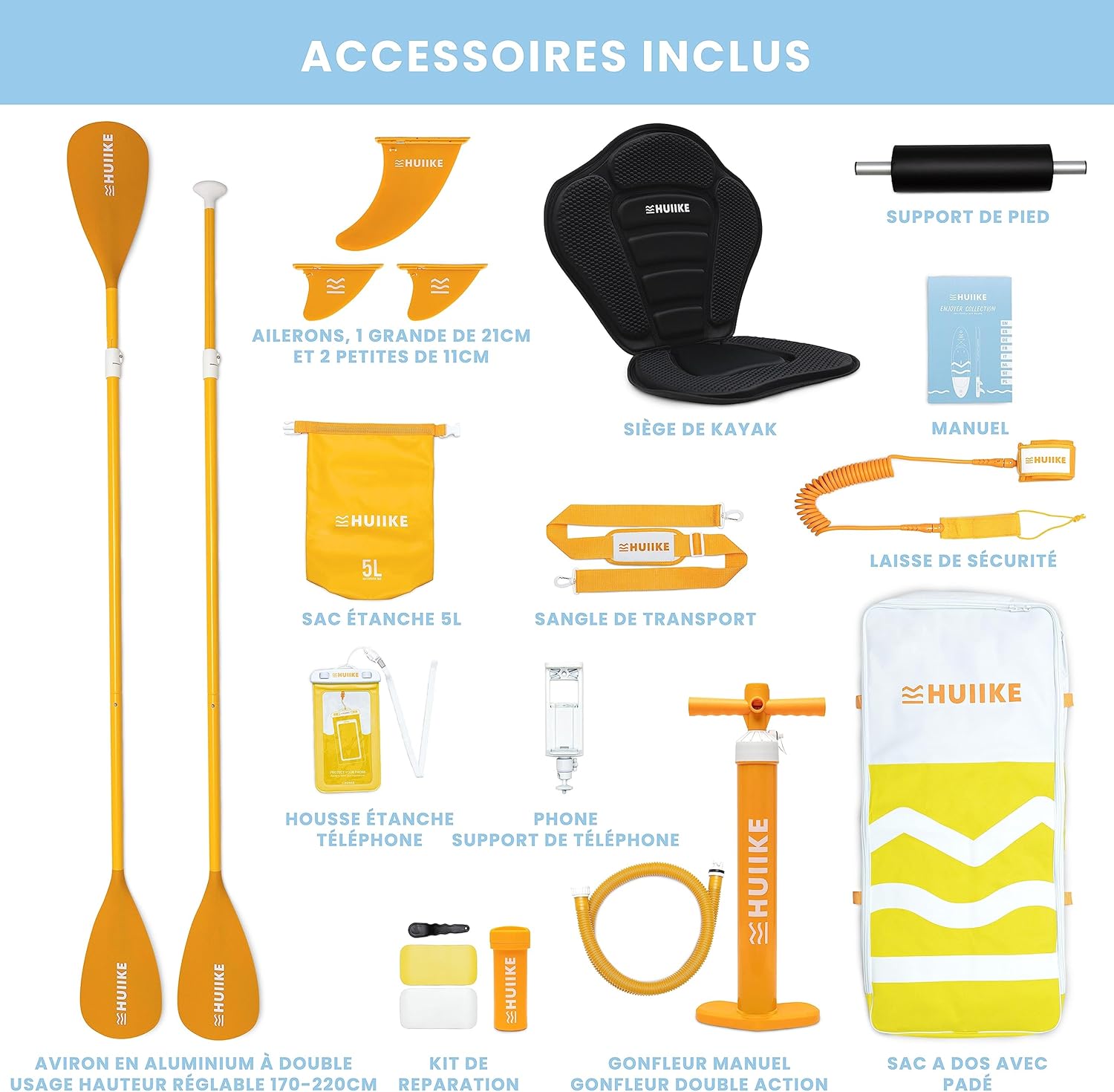 HUIIKE Paddle Gonflable Adulte avec Accessoires Inclus, Pagaie, Ailerons, Pompe. Planche de Stand Up Paddle Grande Stabilité et Résistance. 305 x 84 x 15 cm, Jusqu'à 130 kg