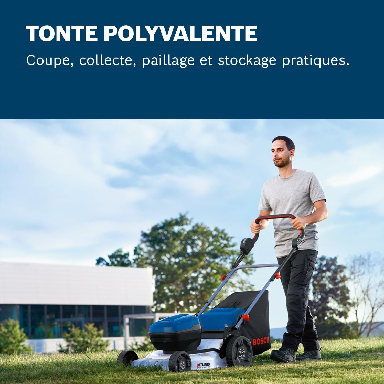 Bosch Professional 18V System tondeuse à gazon sans-fil GRA 18V2-46 (largeur coupe : 46 cm, réglage de hauteur dans 6 positions, sac ramassage en toile 60 l, 2 clés coupe-circuit, bouchon mulching)