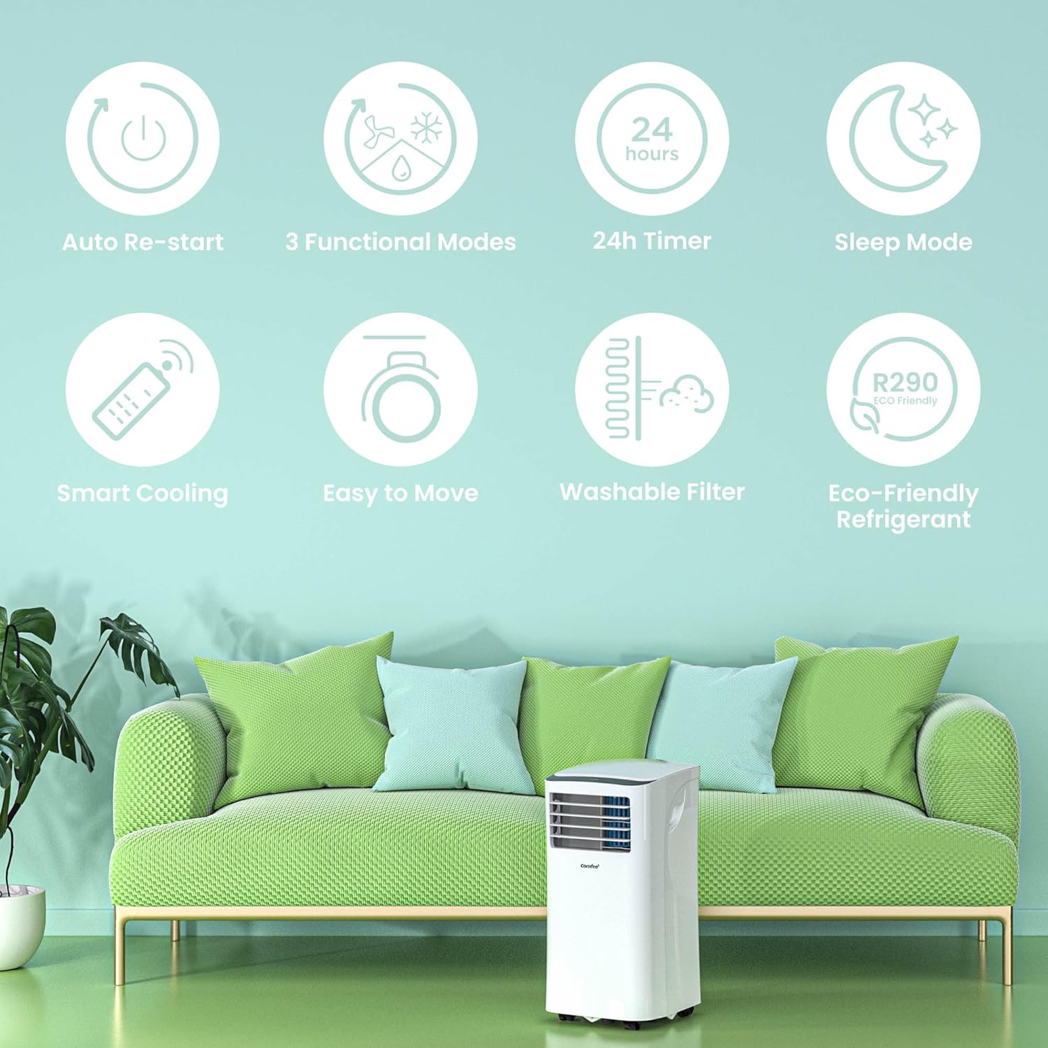 Comfee Climatiseur Mobile Portable 9000 BTU/h 2,6kW, 3-EN-1 Refroidisseur Déshumidificateur Ventilateur, Follow me, Minuterie, Mode nuit, Pour salon et maison de 33㎡/88m³, MPPH-09CRN7, EEK A, R290