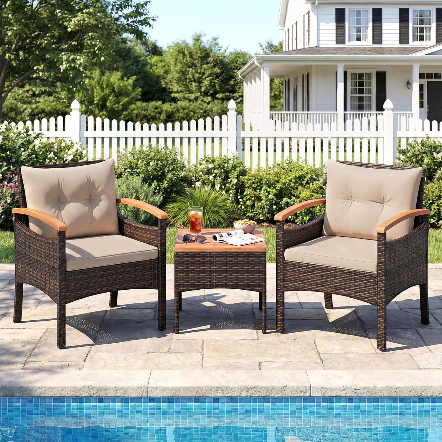 COSTWAY - Salon de Jardin 3 pcs - rotin PE, bois acacia, coussins amovibles, jaune terre