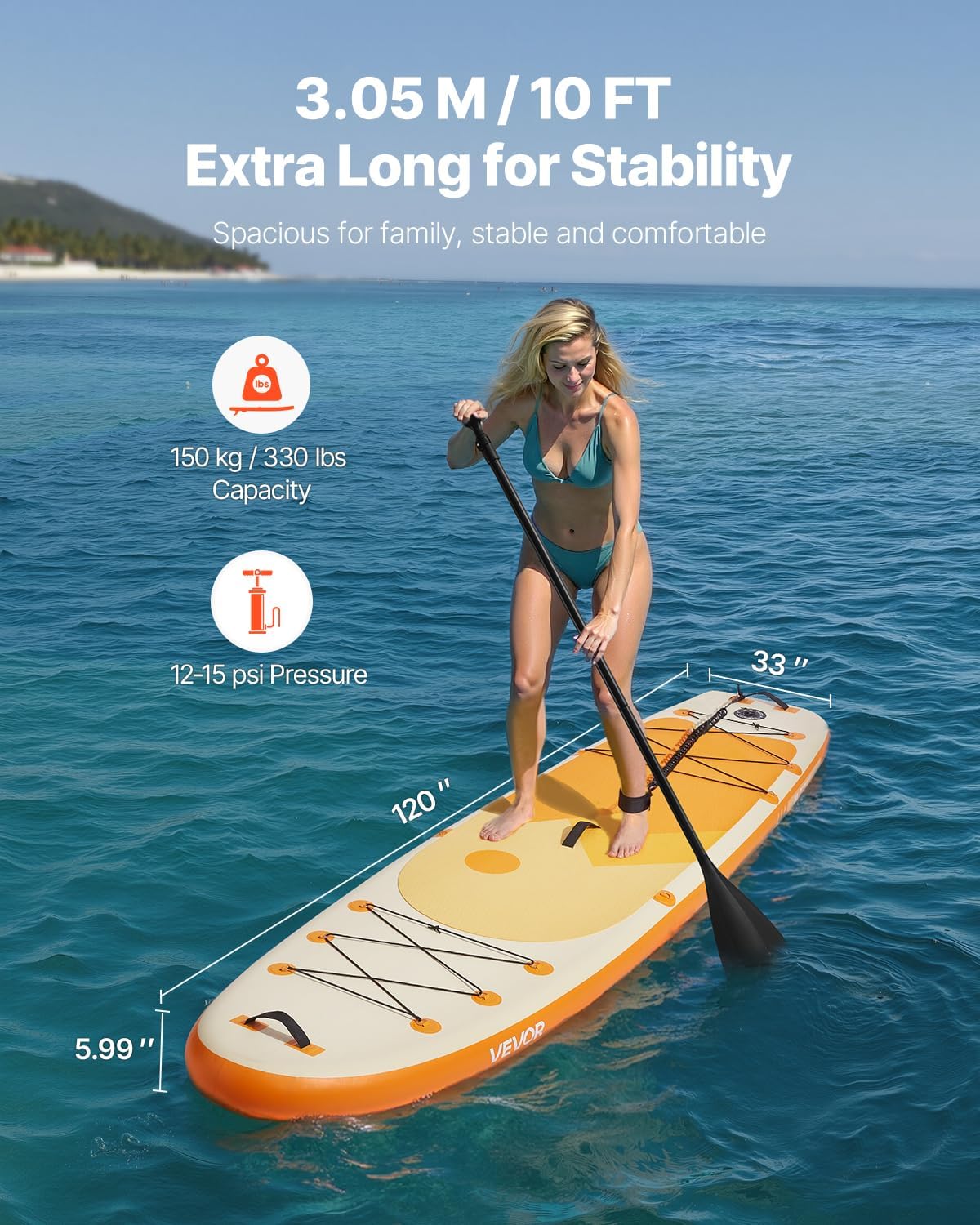VEVOR Paddle gonflable, 304,8 cm, planche à pagaie debout sup, ultra-légère, avec accessoires de pompe, pagaie, aileron, sac à dos, laisse de cheville, sangle, pont antidérapant pour jeunes et adultes