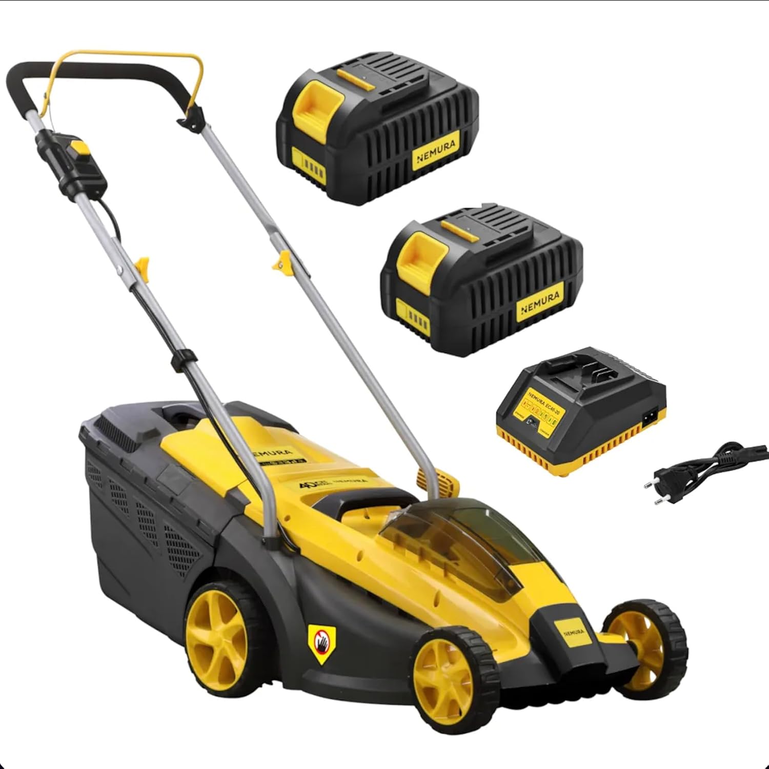 Nemura - Tondeuse Batterie 40V, 37cm, 2x4Ah, Coupe 25-77mm, Bac 35L