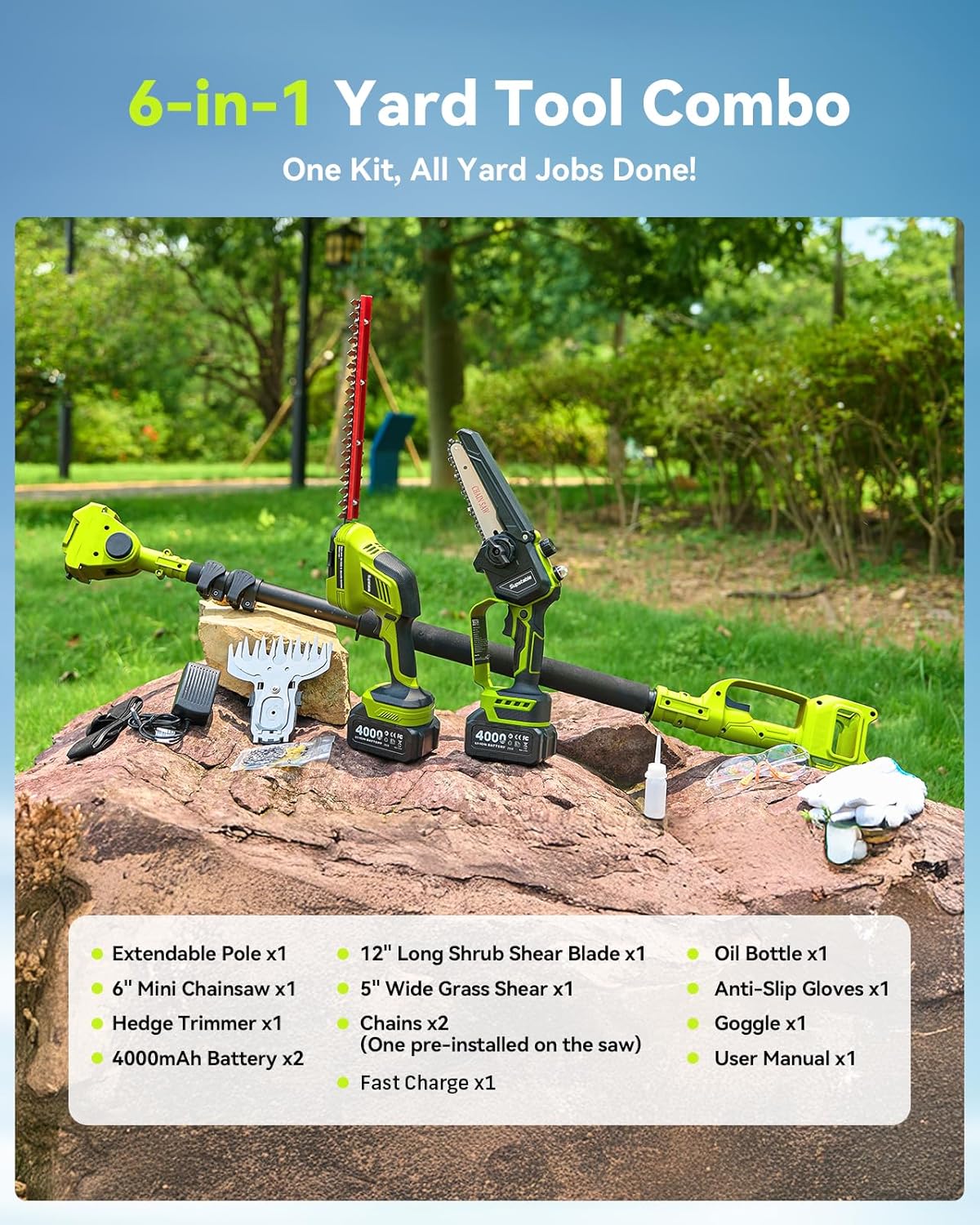 Supstable - Kit de jardin 6-en-1 sans fil 4,57 m - mini tronçonneuse, taille-haie, élagueuse, 2x4000mAh