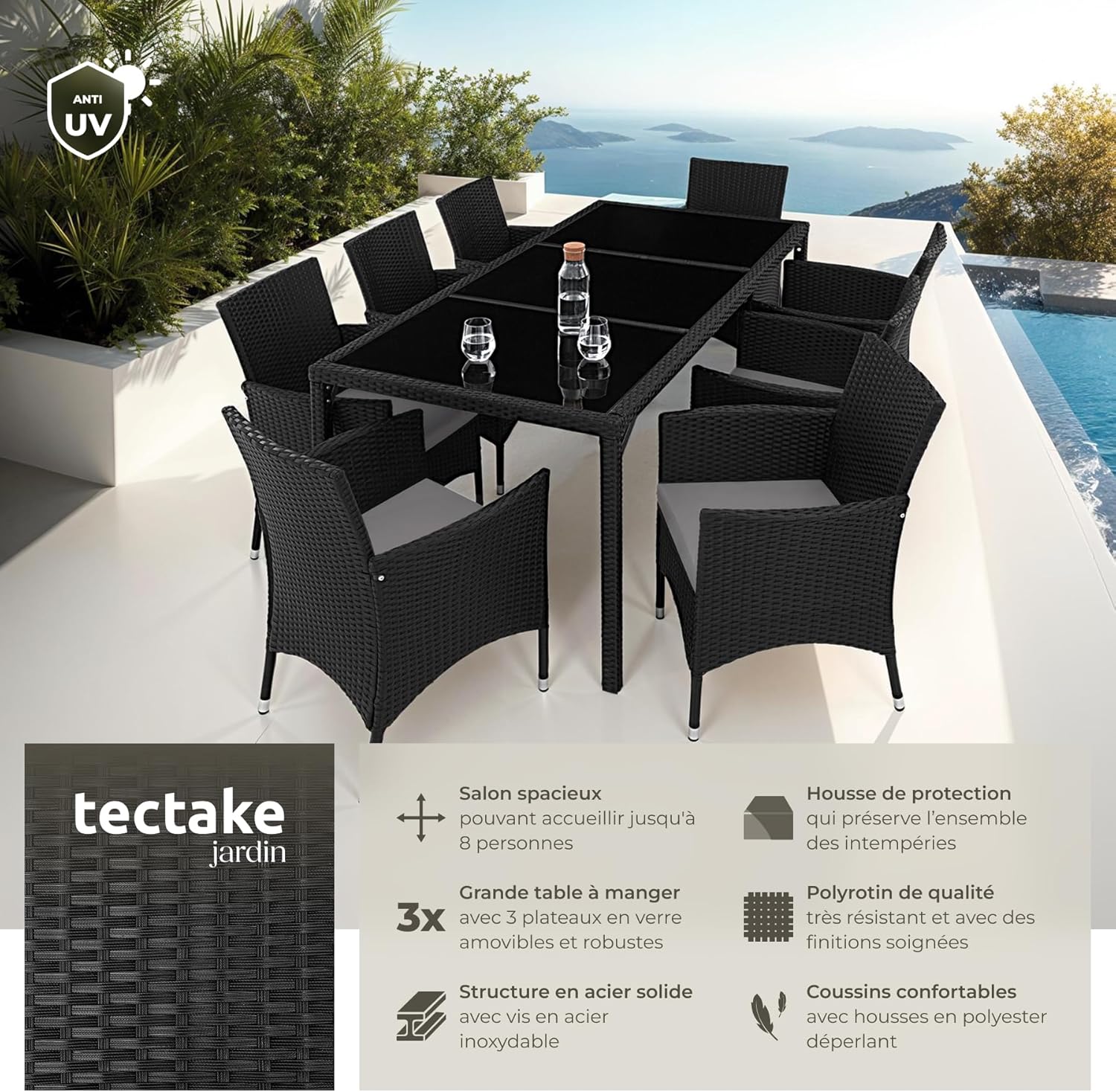 tectake - Salon de jardin 8 fauteuils résine tressée - table, housse, noir/gris