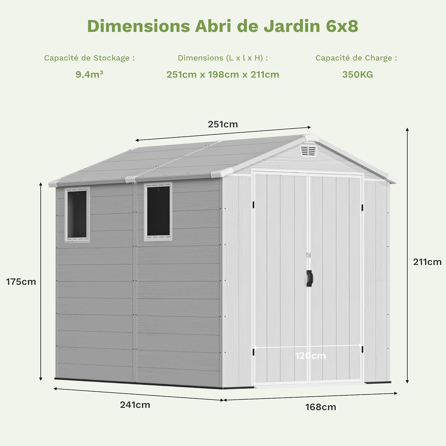 Devoko - Abri de jardin extérieur double portes, toit apex, résistant, dimensions, verrouillable