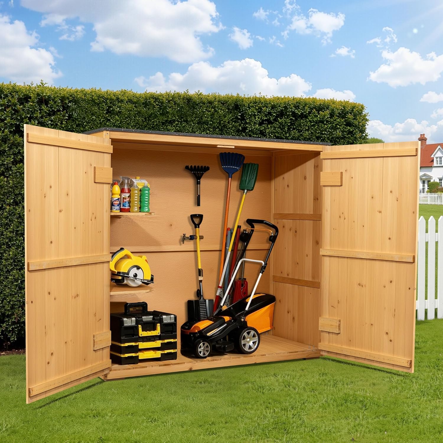 Wiltec Abri de Jardin – 1360 x 580 x 1270 mm – en Bois Verni – avec Toit revêtu par PVC et 2 Portes – Cabane Remise pour Rangement Outils pour Jardin, Terrasse & Balcon