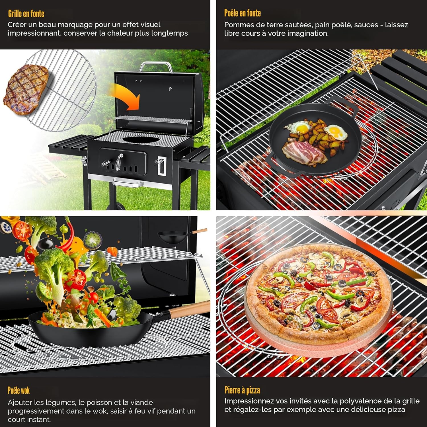 KESSER - barbecue charbon XXL - sur pied, thermomètre, 8 brochettes