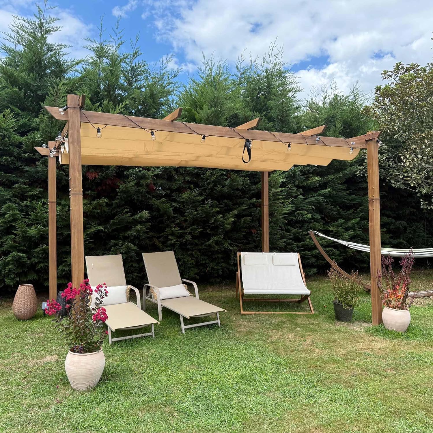 PURPLE LEAF - Pergola aluminium 4x3m, toit rétractable, éclairage intégré, finition teck, kaki