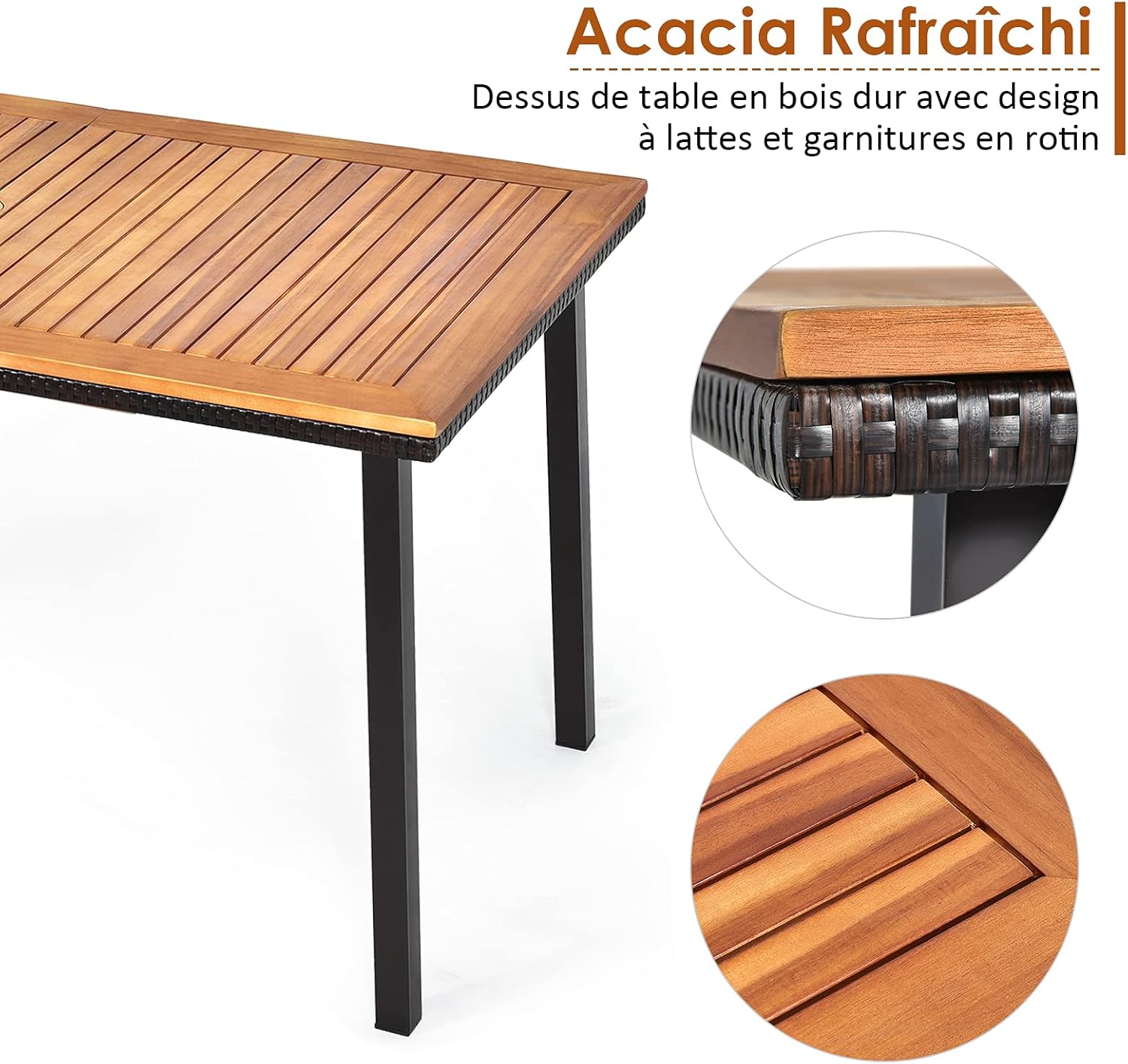 Costway - Table à manger bois et acier - 140x75x76 cm - trou parasol