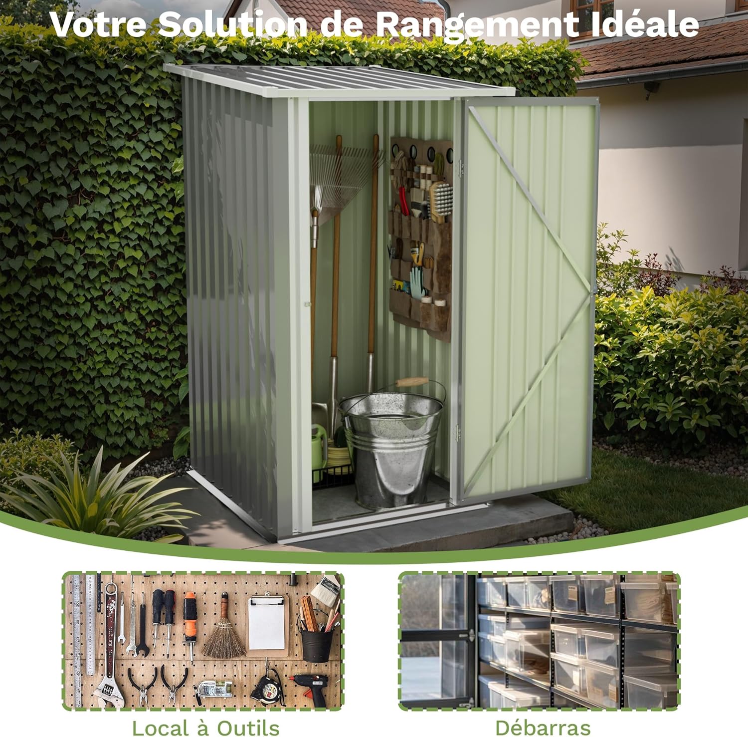 Devoko Abri de jardin en métal 96x98x160 cm, abris de jardin avec toit en appentis, robuste et inoxydable, gants de travail inclus, porte pivotante verrouillable, petit abri de jardin en acier pour