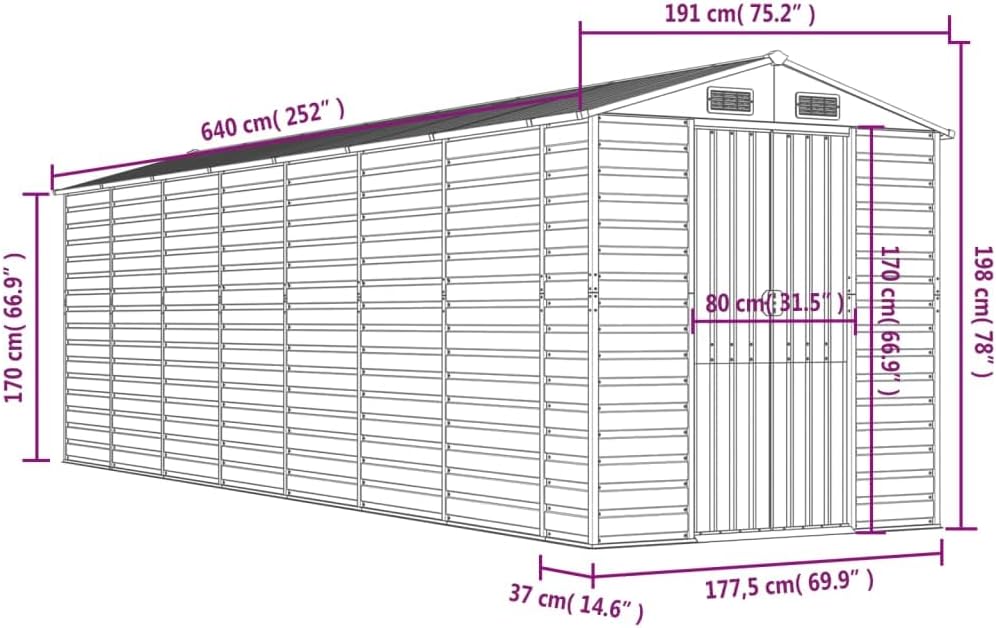 vidaXL Abri de Jardin Gris Clair 191 x 640 x 198 cm en Acier galvanisé