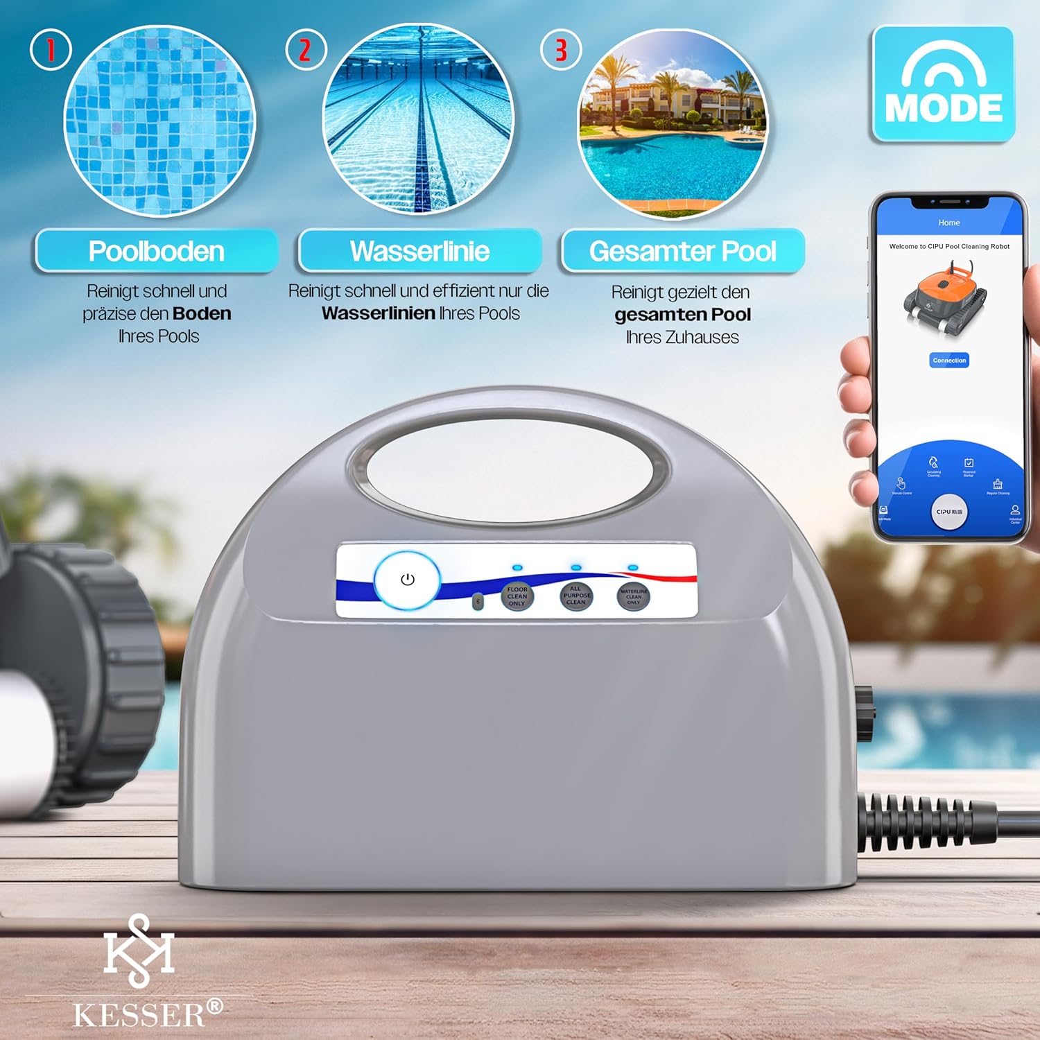 KESSER - robot piscine - jusqu'à 100 m² - nettoyage sol, mur et ligne d'eau, contrôle via appli