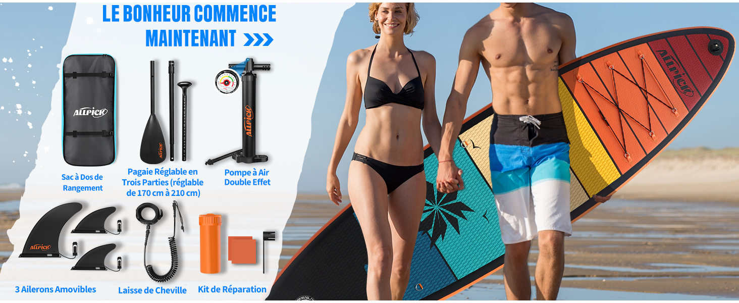 Collage d'équipements de plage et de sports nautiques, notamment une planche de surf, du matériel de plongée et des jouets gonflables. Texte français visible.