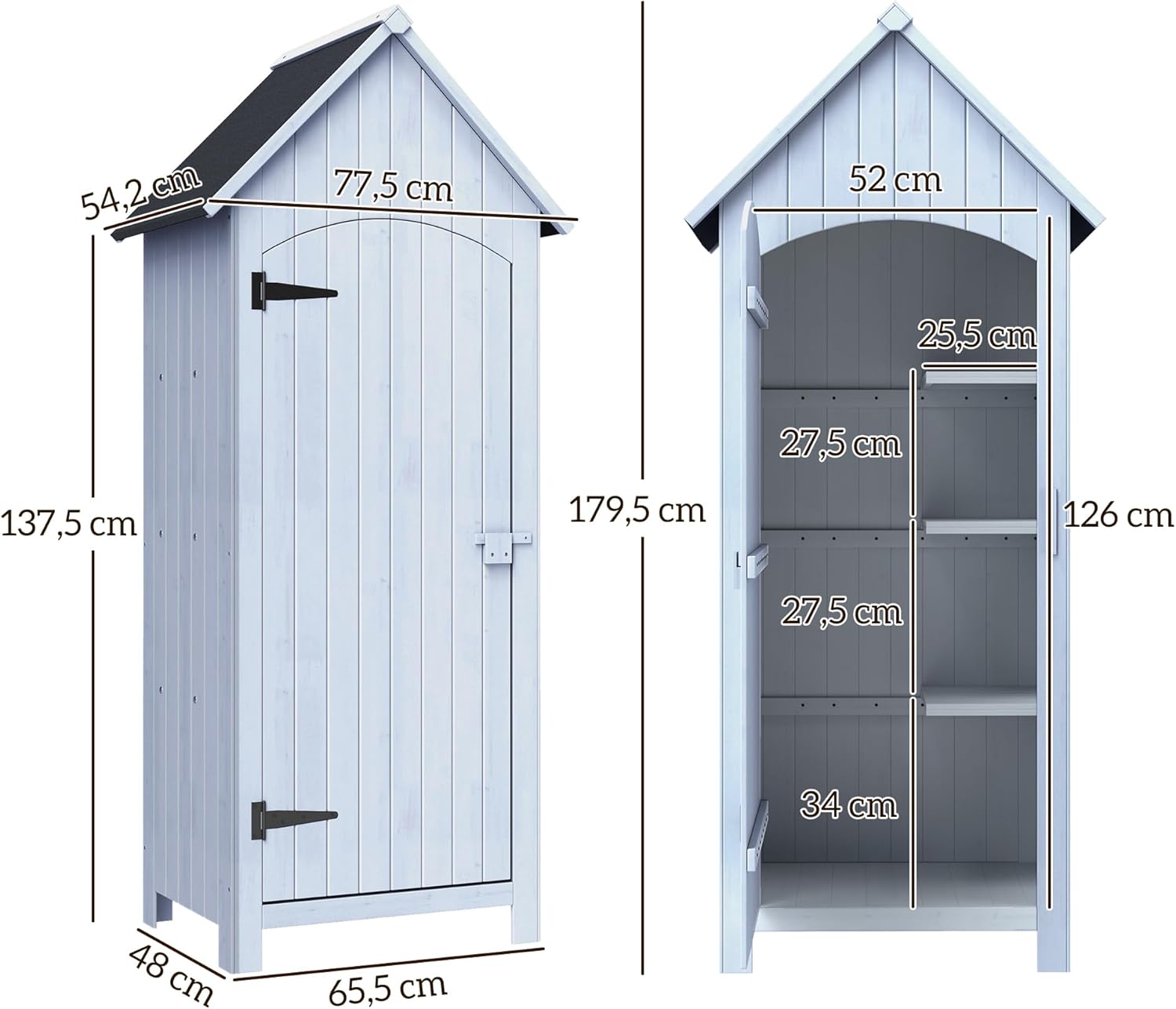 Outsunny Abri de Jardin en Bois cabane de Jardin Exterieur Armoire de Jardin avec Toit bitumé 3 étagères Porte avec loquet Rangement et Stockage extérieurs pour terrasse 77,5 x 54,2 x 179,5 cm Blanc