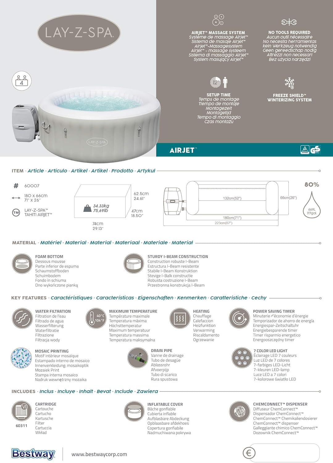 Bestway - LAY-Z-SPA Tahiti série Airjet - 180x66 cm - 2-4 personnes LAY-Z-SPA®