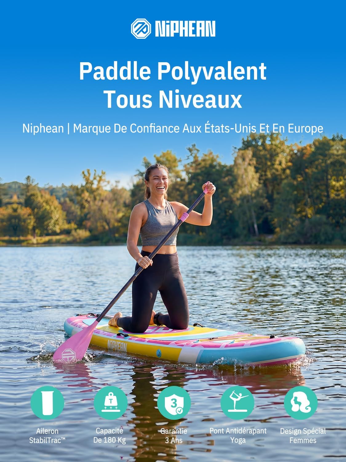 Niphean - Paddle gonflable adulte, ultraléger 320cm - siège, aileron StabilTrac, antidérapant, yoga, animaux