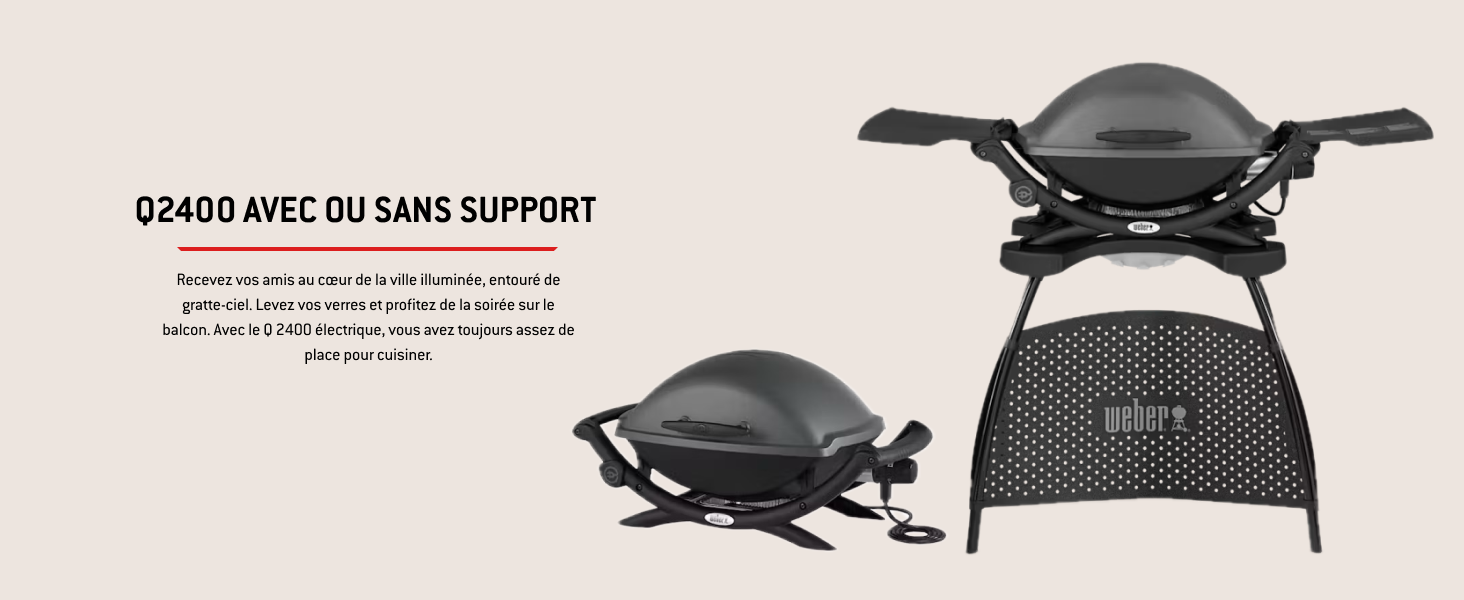 Le texte indique « Q2400 AVEC DU SANS SUPPORT ». Plusieurs vues d'un grill extérieur noir ou d'un appareil de cuisson sous différents angles.