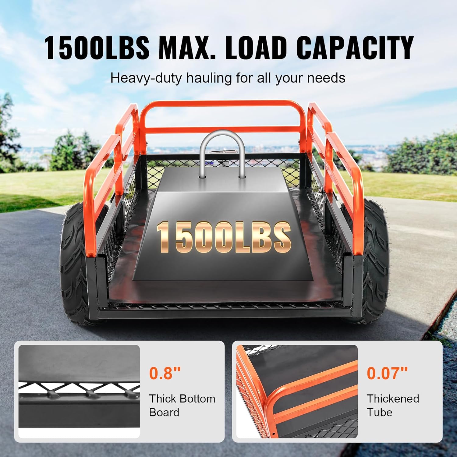 VEVOR Remorque à Benne Basculante Capacité de Charge 680 kg Remorque Utilitaire de Jardin Robuste avec Côtés Amovibles Chariot de Transport à Déversement 0,4 m³​ pour Tracteur, Tondeuse à Gazon, VTT