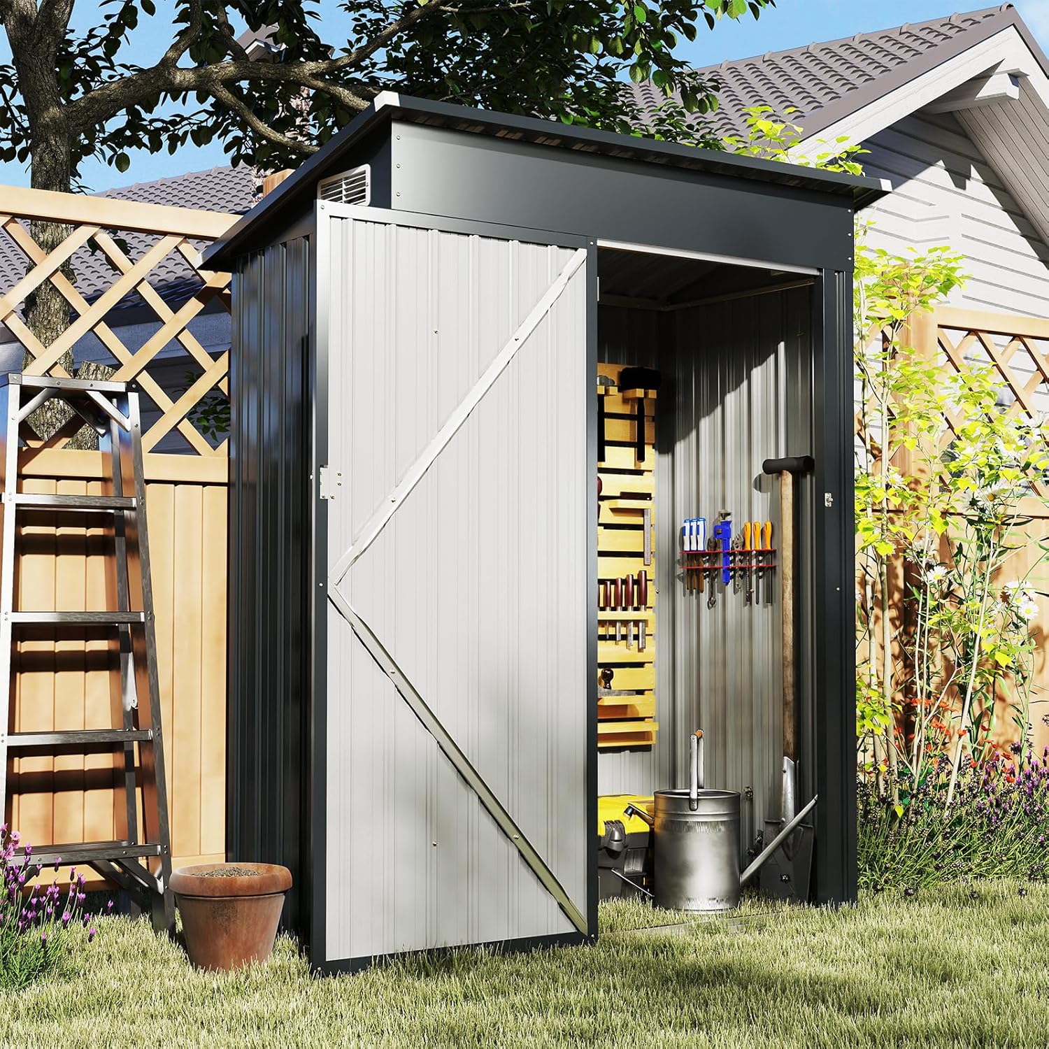 RELAX4LIFE - abri de jardin acier galva 150x88x185cm, toit incliné, porte, gants