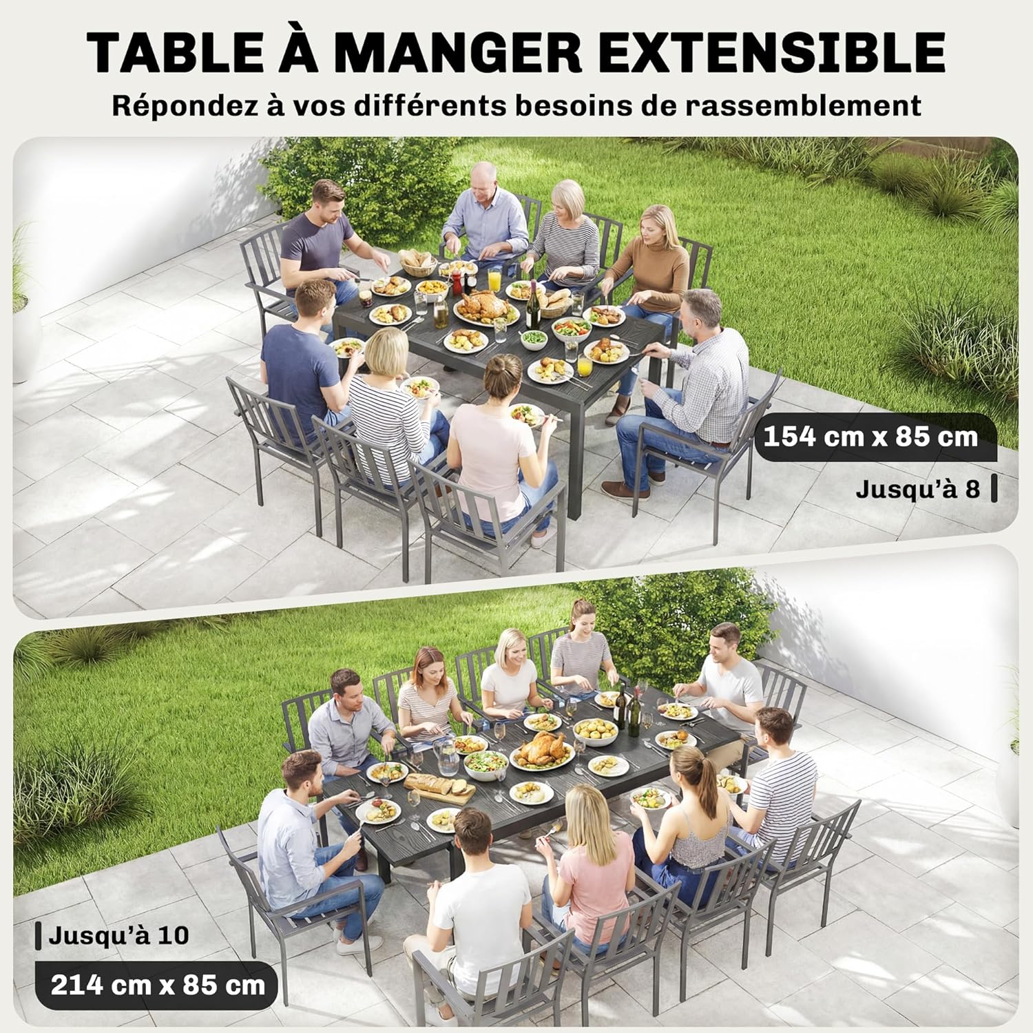 Outsunny - Table Extensible - 154-214 cm - Aluminium bois, pieds réglables, 8-10 pers.