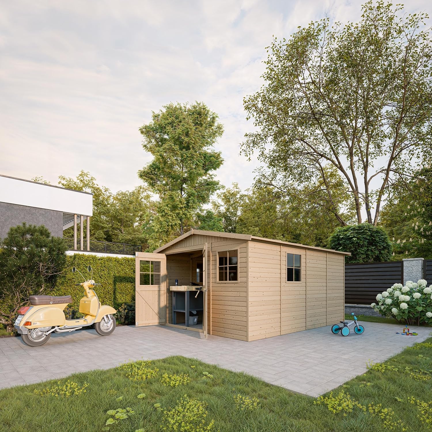 Timbela - Abri de jardin série M336 - 12m², bois naturel, fenêtres, H226x324x416cm - M336