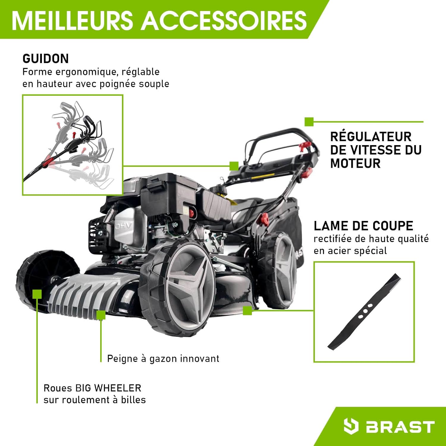 BRAST Tondeuse Thermique, tractée, 46cm, 3,5kW (4,7 CV), 170cc bac 60l, Moteur 4 Temps, Mulching -5 MODÈLES- châssis en tôle d'acier, 4 en 1 Tondeuse Thermique Hauteur de Coupe et Guidon réglable