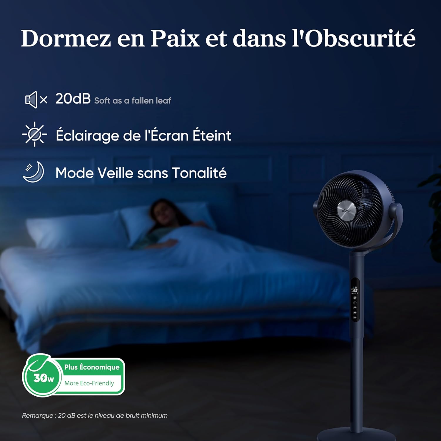 LEVOIT Ventilateur sur pied intelligent silencieux 20 dB, moteur DC, faible consommation avec Wi-Fi, 4 modes et 12 vitesses de ventilation, portée d’air de 30 m, minuterie 12 h, oscillation 90° + 120°