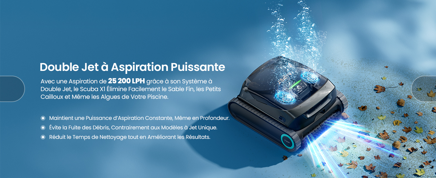 Le texte indique « Double Jet d'Aspiration Puissante » avec un texte de description du produit en français supplémentaire. Appareil bleu foncé et noir représenté dans un jet d'eau sur fond aquatique bleu.