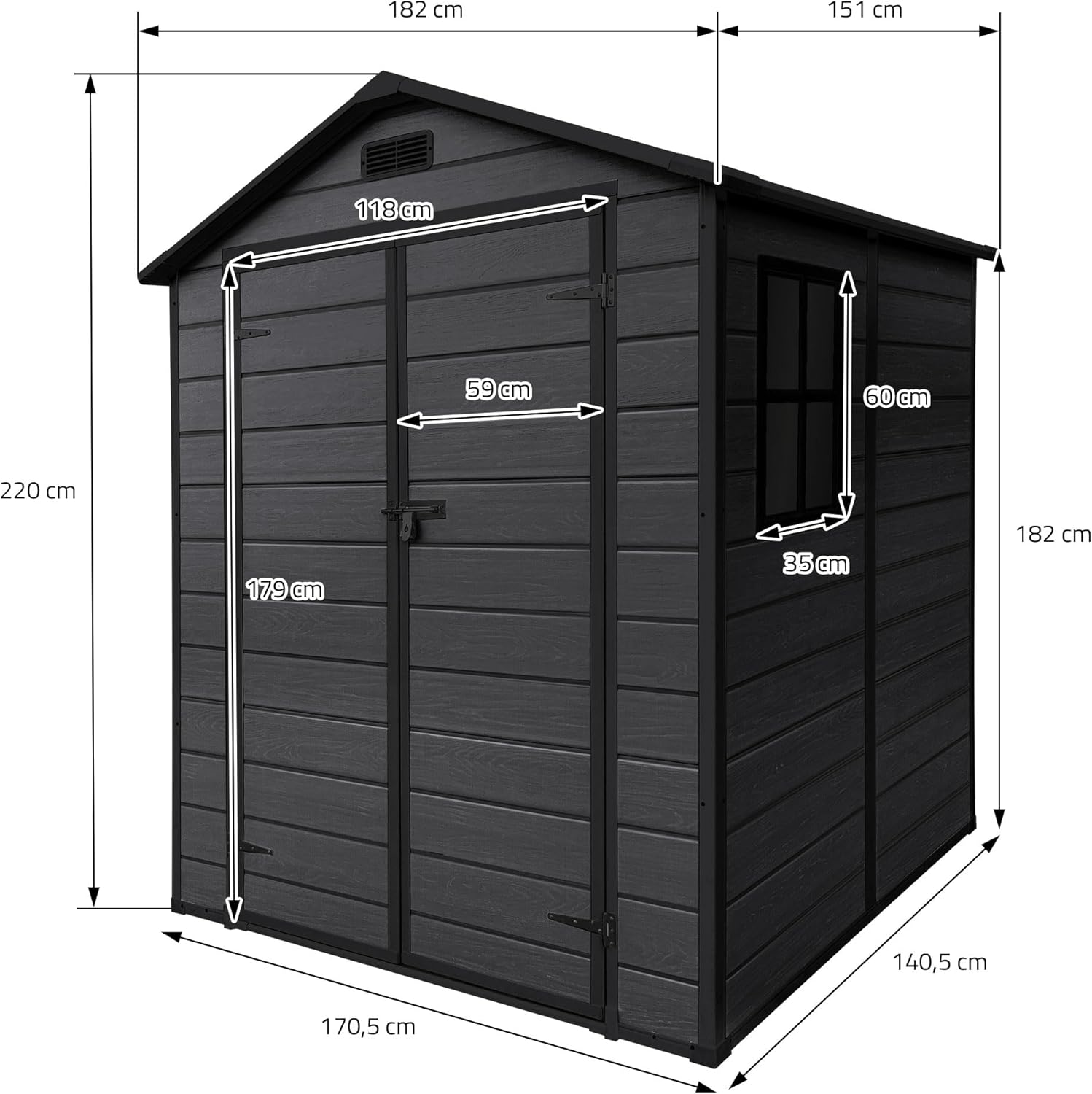 ECD Germany - Abri de jardin résine 151x182x220 cm double porte, 5m³, fenêtre, ventilation