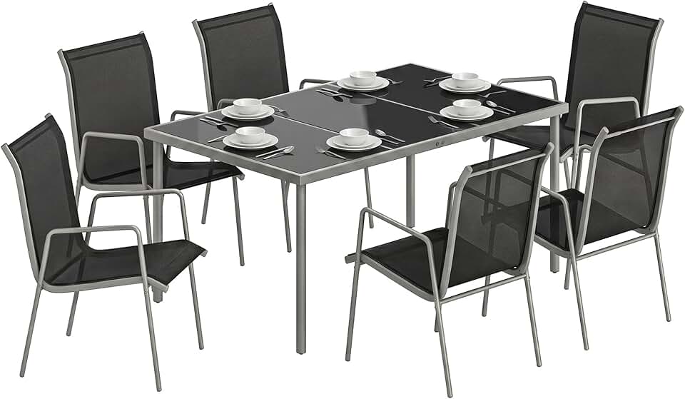 Outsunny - salon jardin 6 personnes - table verre, chaises empilables, textilène, argent