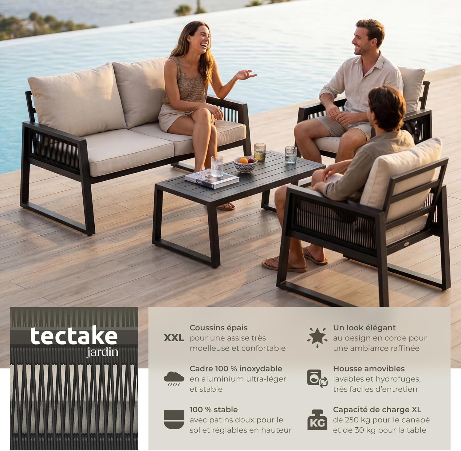 tectake - Salon jardin alu 4 places, canapé, fauteuils, table, coussins inclus