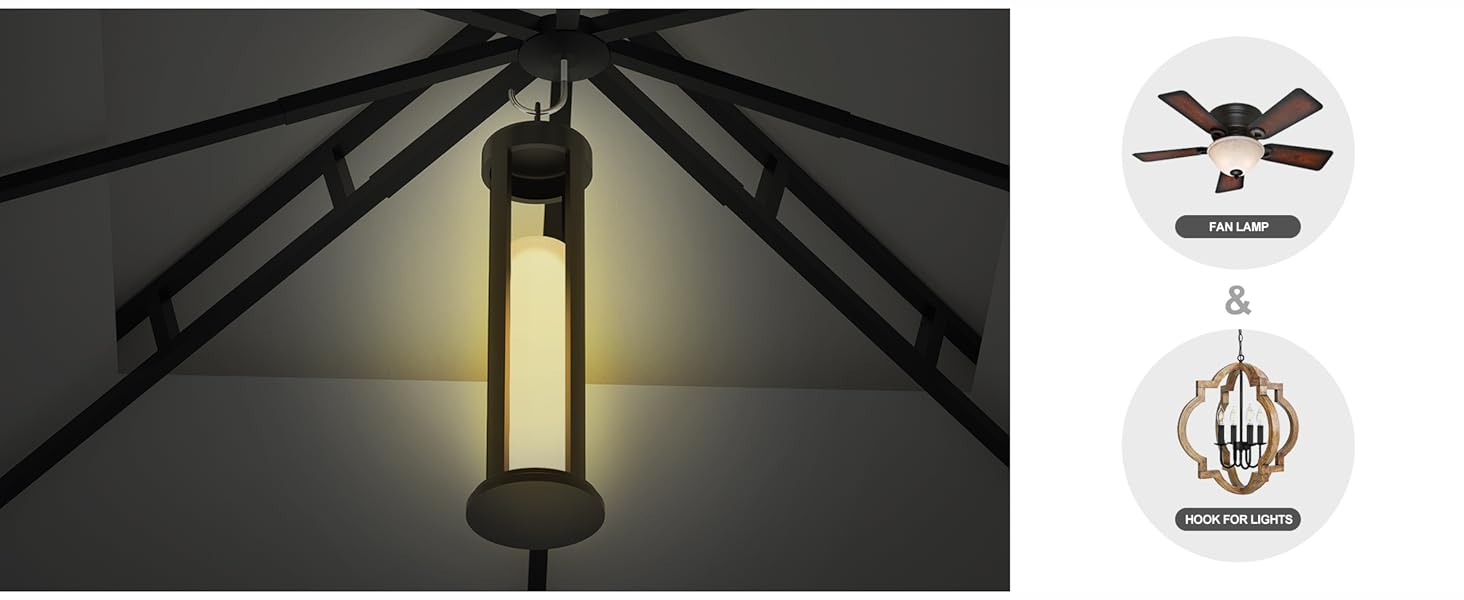 avec abat-jour en verre allongé, émettant une lueur chaude. L'image adjacente montre des pales de ventilateur et un luminaire décoratif.
