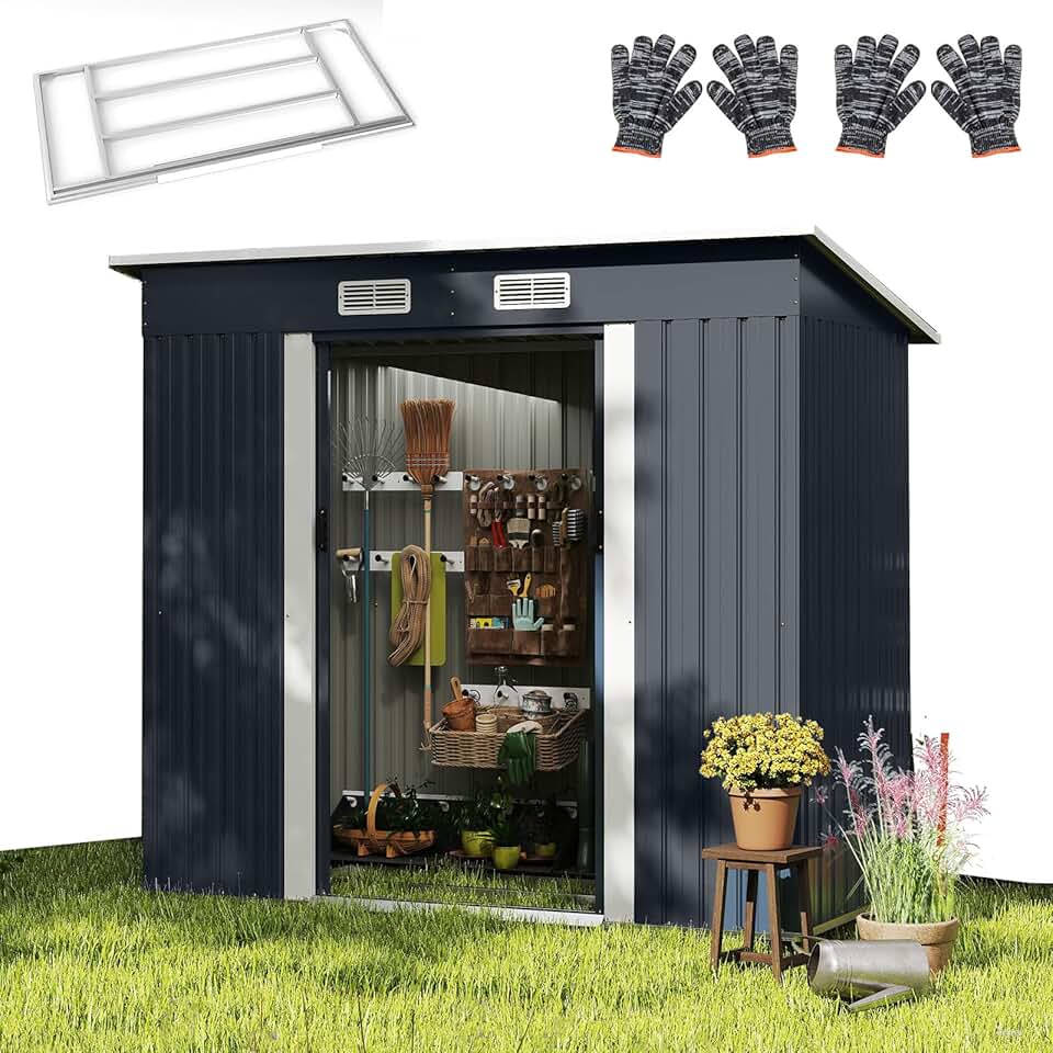 RELAX4LIFE Abri de Jardin en Métal 4m³ avec Toit Incliné, Porte Coulissante Verrouillable et Aérations, Cabane à Outils Extérieur pour Jardin, Cour, Pelouse, Patio, 213 x 112 x 186 CM