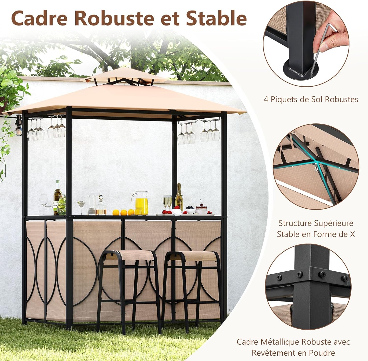 COSTWAY - Tonnelle barbecue avec tabourets, 194x121x242 cm, métal et verre