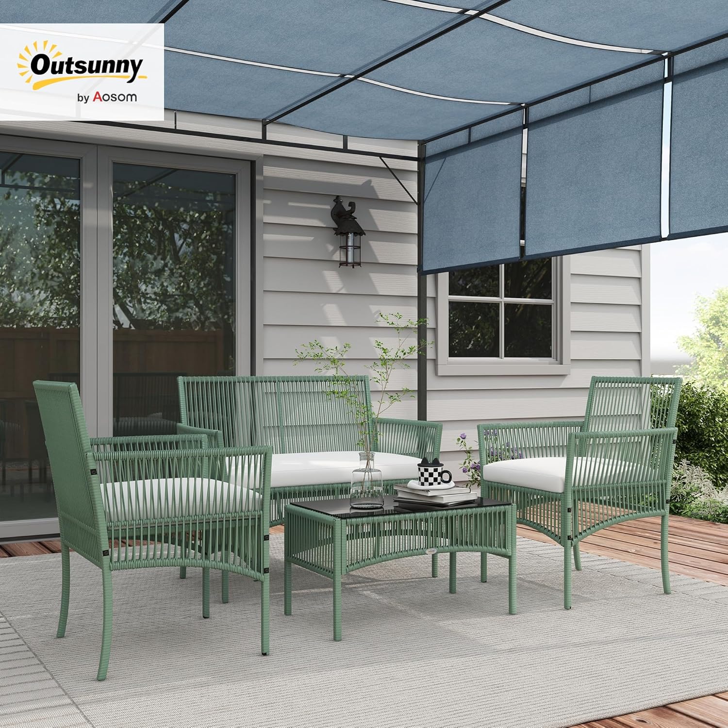 Outsunny - salon de jardin extérieur 4 pcs - métal, résine, coussins, vert, table basse verre