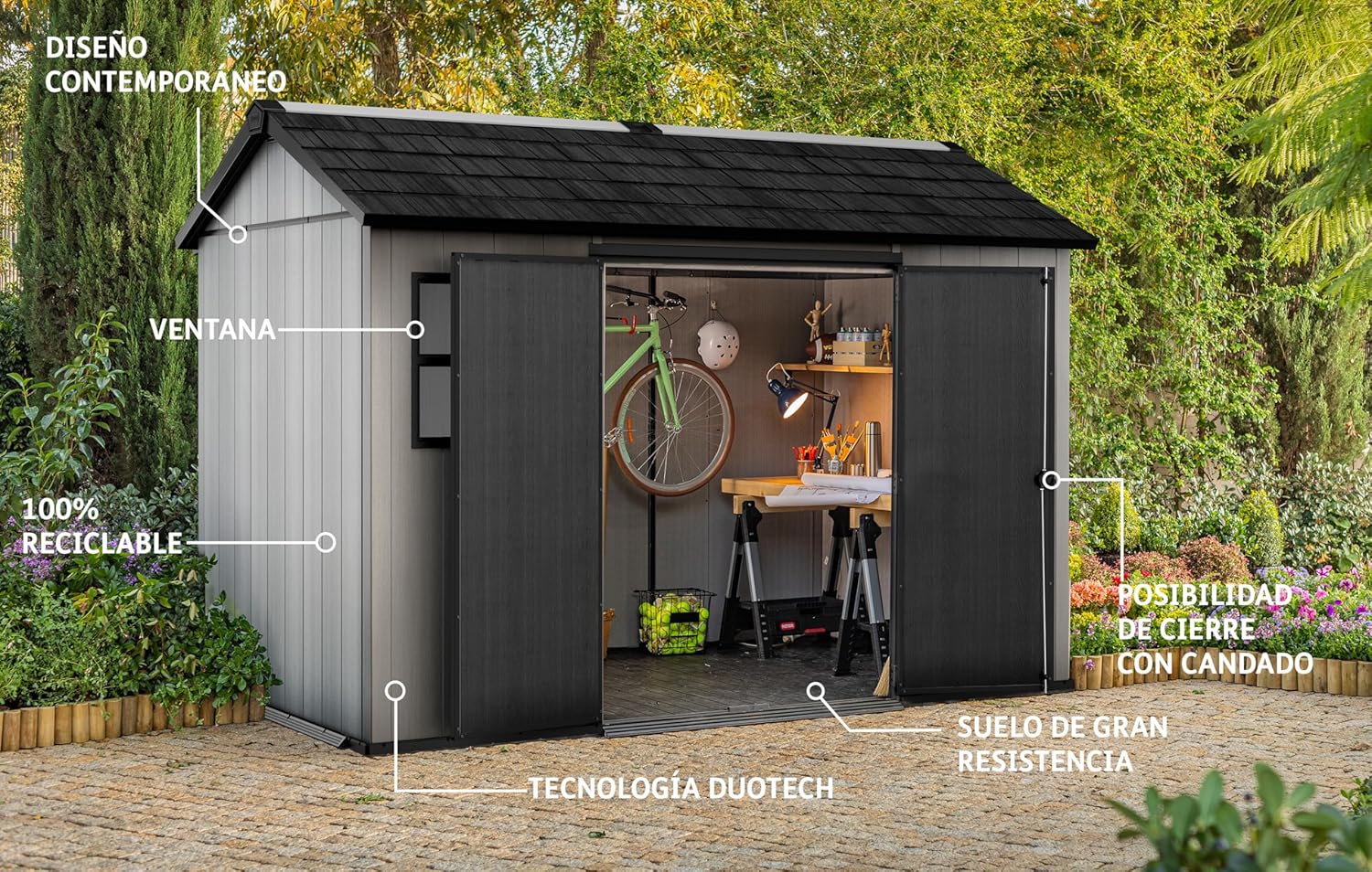 Keter - Abri Oakland - 7,2m² - Résine gris, double porte, 1175-7,2m²