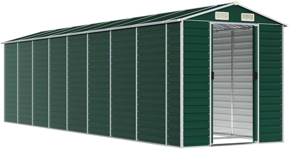 vidaXL Abri de Jardin, Cabane à Outils avec Poignées, Remise à Outils avec Toit Inclinable, Abri de Rangement Terrasse, Vert 191x725x198 cm Acier Galvanisé